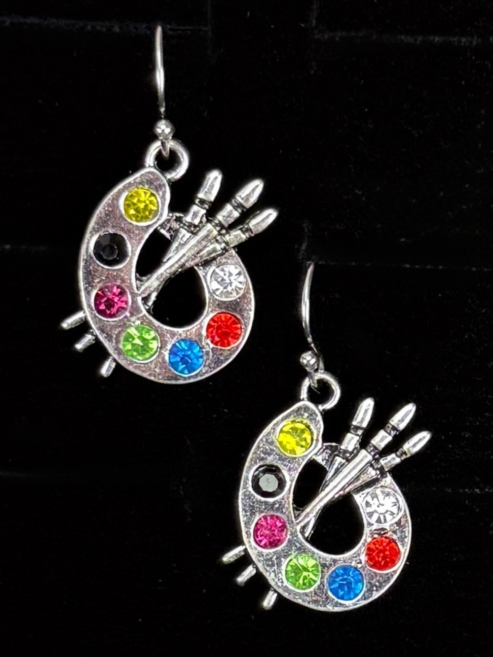 Painters artist palette, silvertone, multicolored bling pierced earrings